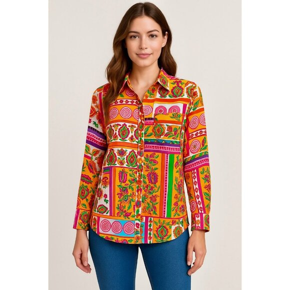 Sigrid Olsen Womens M Multicolor Boho Patchwork Print Button-Up Long-Sleeve Shir - Picture 1 of 8
